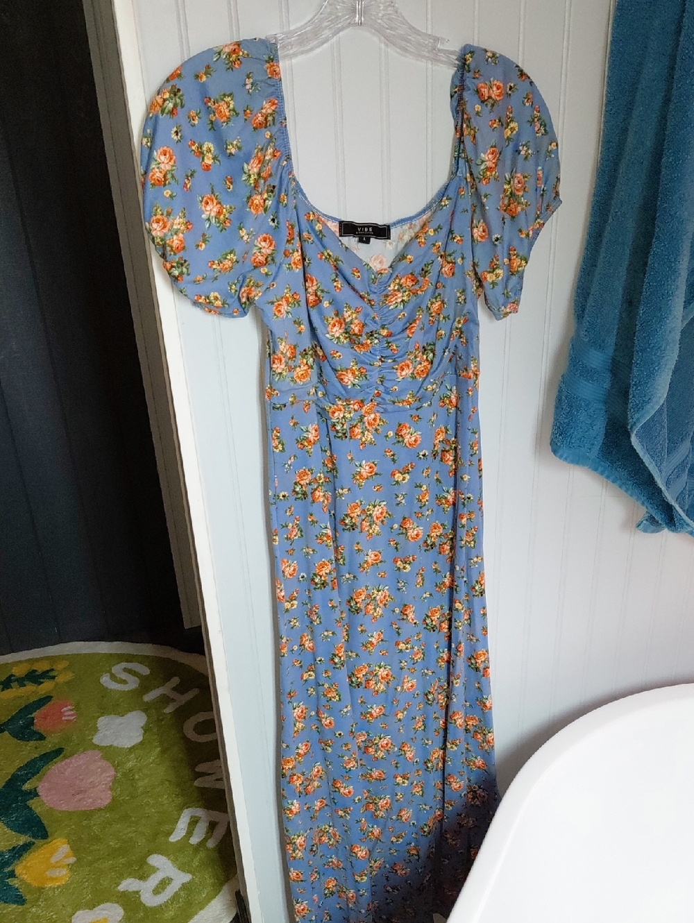 Blue Floral Maxi Dress with Puff Sleeves